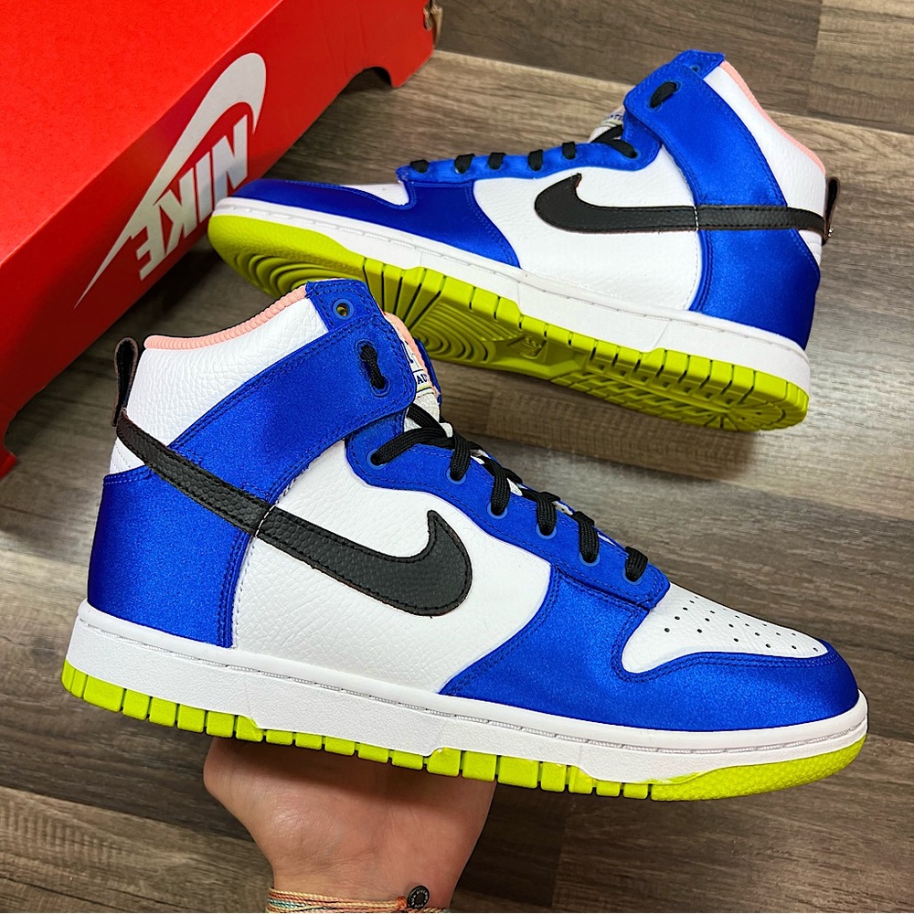 Nike Women's High-Top Sneakers in Blue, White, Black, Neon Yellow